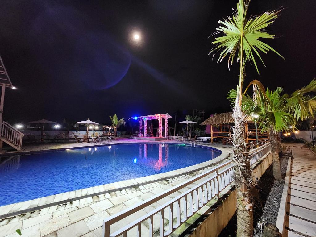 BalongBnB House Villa Jogja的棕榈树的游泳池