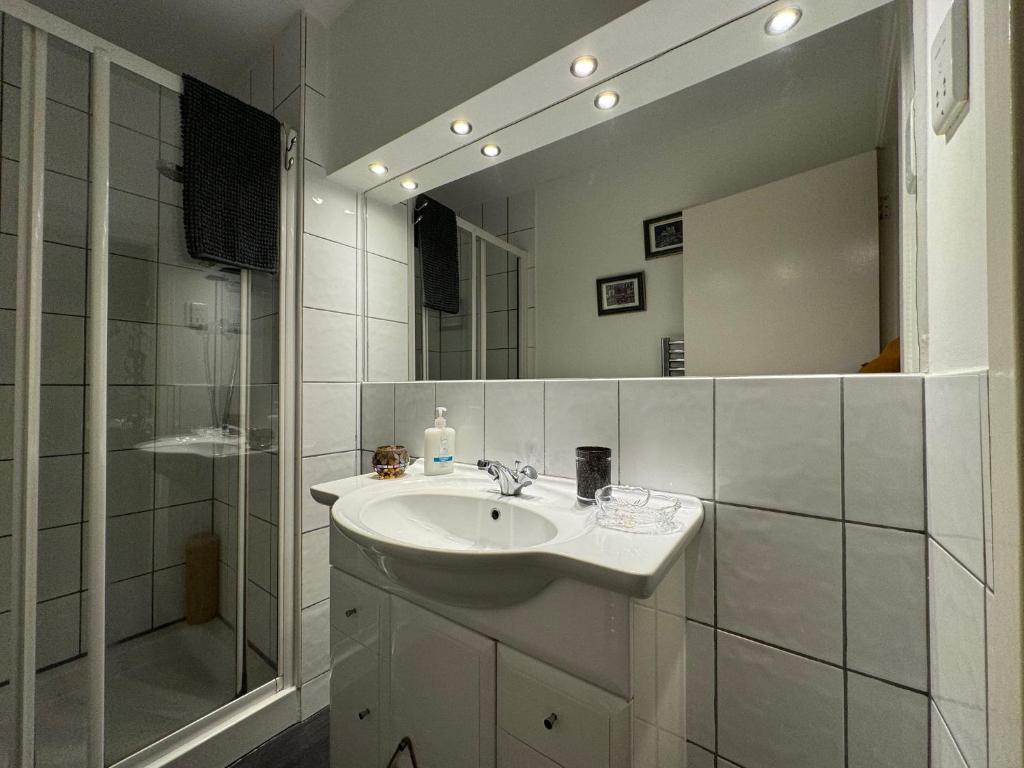 爱丁堡Edinburgh TWO BEDROOM apartment with free side street parking 24 hours的一间带水槽、淋浴和镜子的浴室