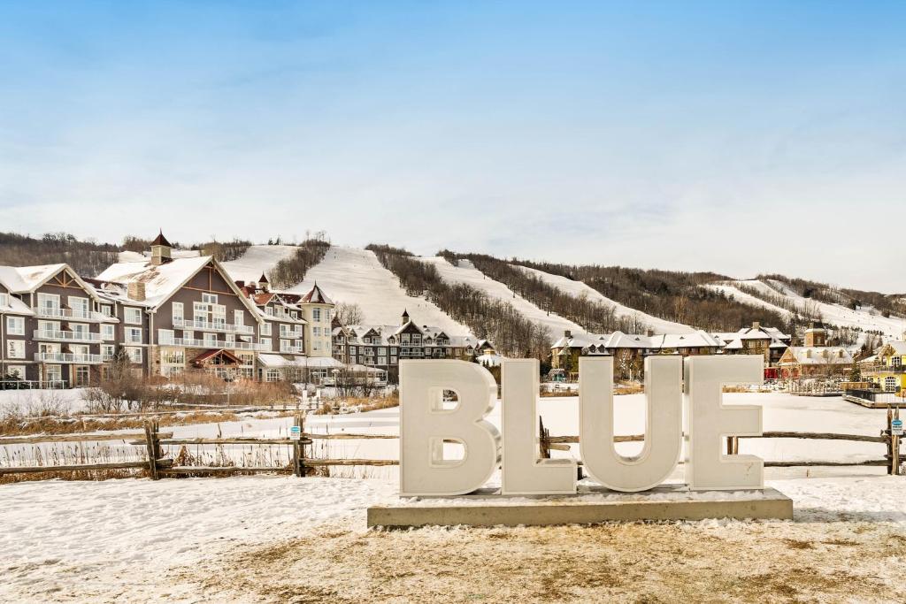 蓝山Mountainwalk的村庄前雪中的标志