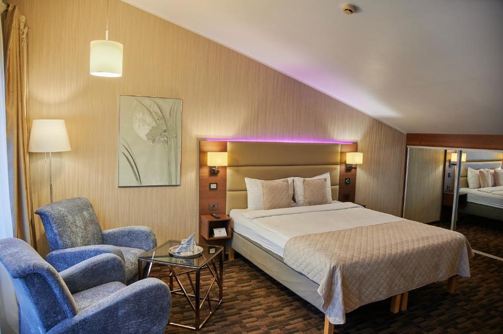 考纳斯Olympus Hotel的酒店客房,配有一张床和两把椅子