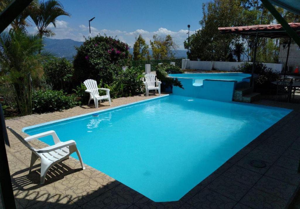 阿拉胡埃拉Loma Tranquila的一座大型蓝色游泳池旁配有两把椅子