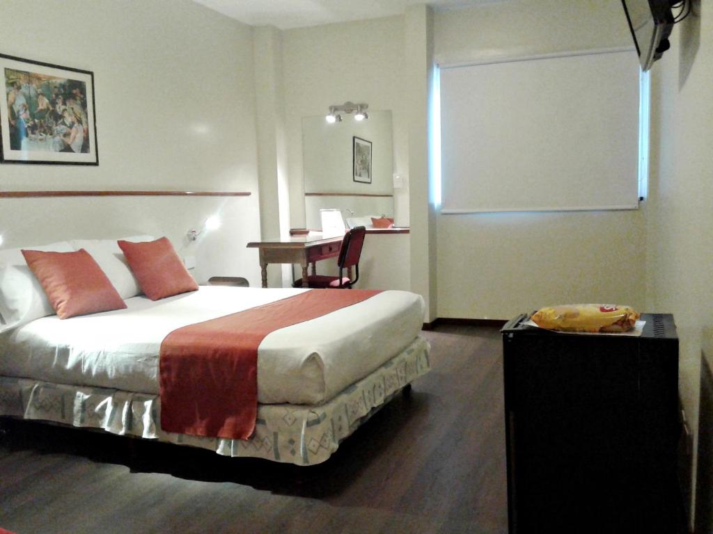 布宜诺斯艾利斯阿尔皮诺酒店的酒店客房配有一张床和一张桌子及椅子