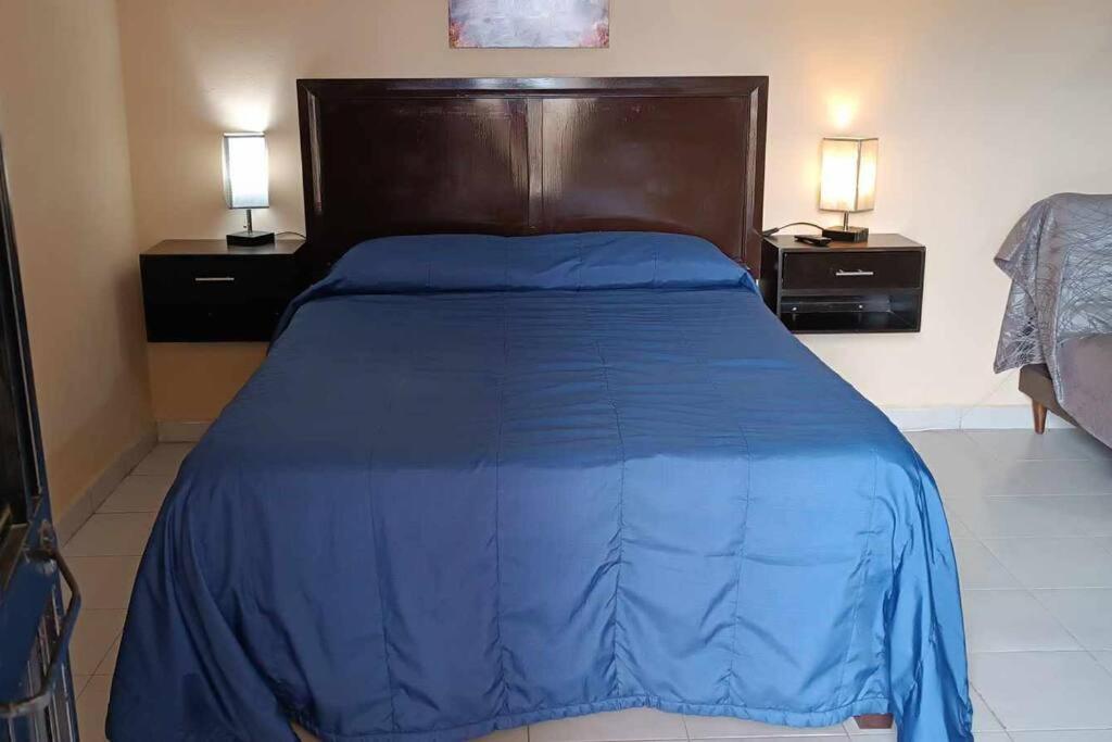 卡波圣卢卡斯Loft Flor de Pitaya的一间卧室配有蓝色的床和2个床头柜