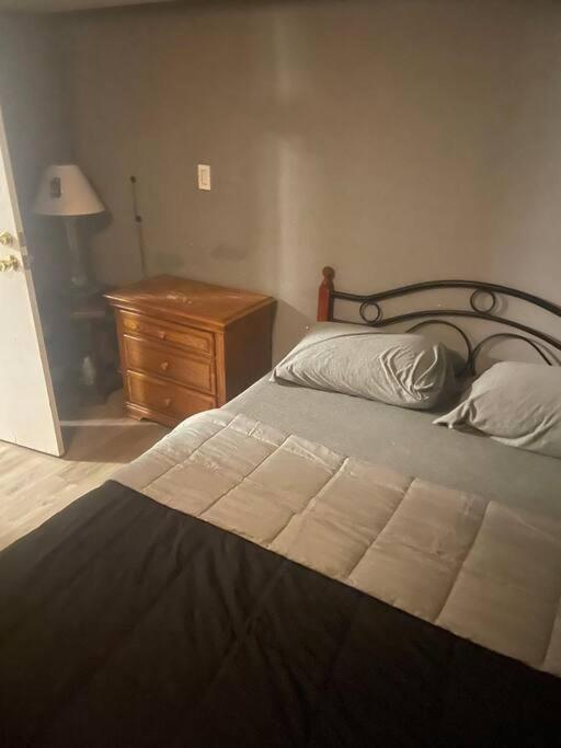 新不伦瑞克Cozy and affordable suite (near Rutgers, smartTV)的一间卧室配有床和木制床头柜