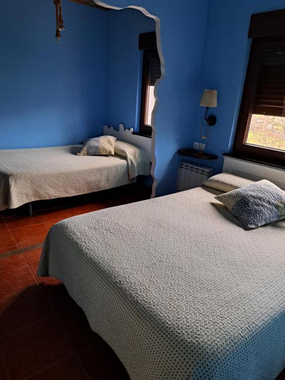 阿里纳斯·德·卡伯瑞勒斯Pensión Casaño的蓝色的客房设有两张床和窗户。