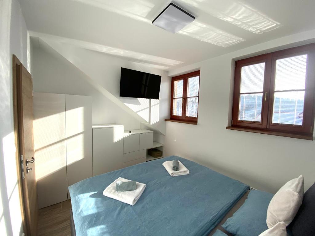 卡什佩尔斯凯霍里Apartmán v Kašperských Horách的白色的客房配有蓝色的桌子和电视。