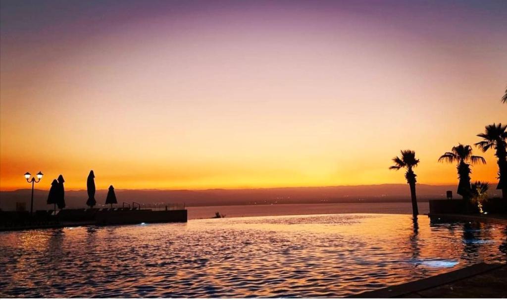 索瓦马E25 Samarah Resort Apartments的棕榈树泳池和日落背景