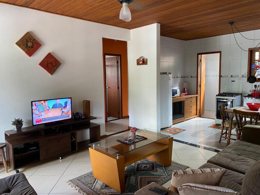 卢米亚Lumiar centro com Wi-FI aconchegante apartamento com 2 quartos mobiliado com ventiladores的带沙发和咖啡桌的客厅