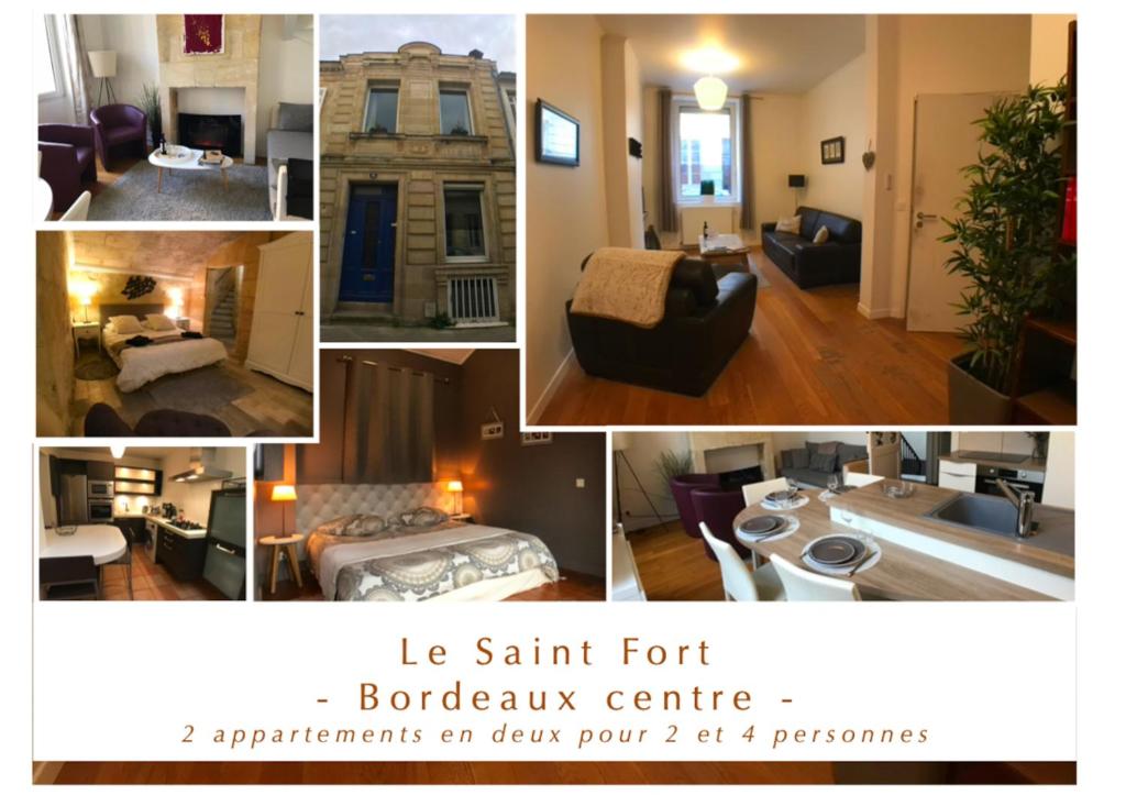波尔多Le Saint Fort - Coeur de Bordeaux的客厅和卧室的照片拼合在一起