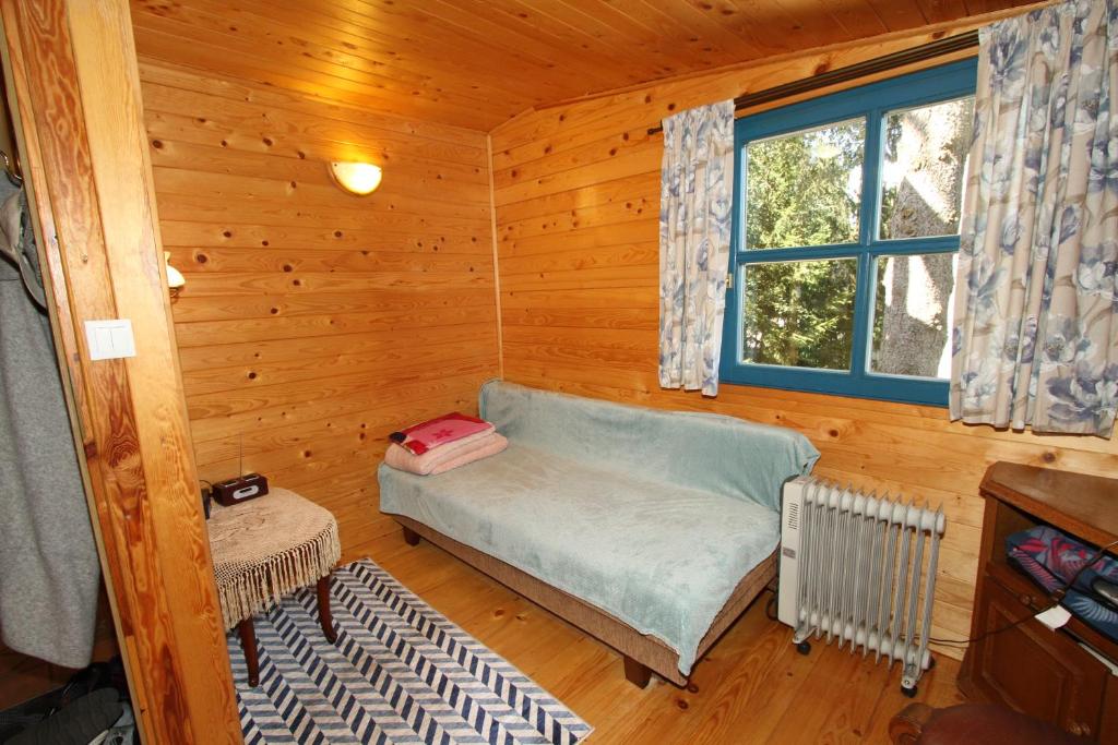 WilimyDom nad jeziorem Dadaj BISKUPIEC的小木屋内的一个沙发房间