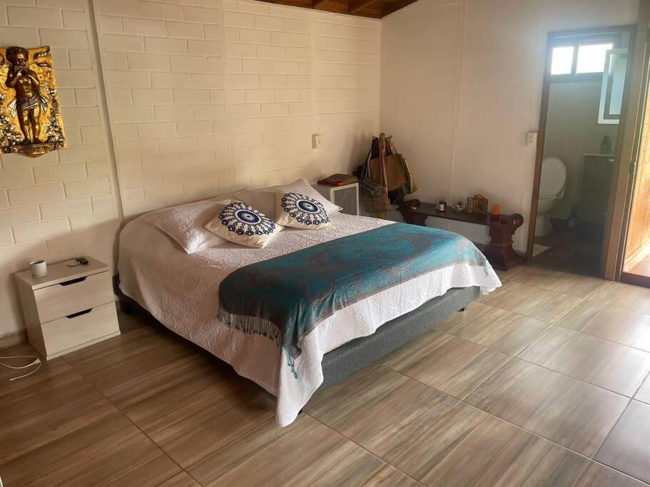 ValparaísoHermosa Cabaña的一间卧室配有带枕头的床