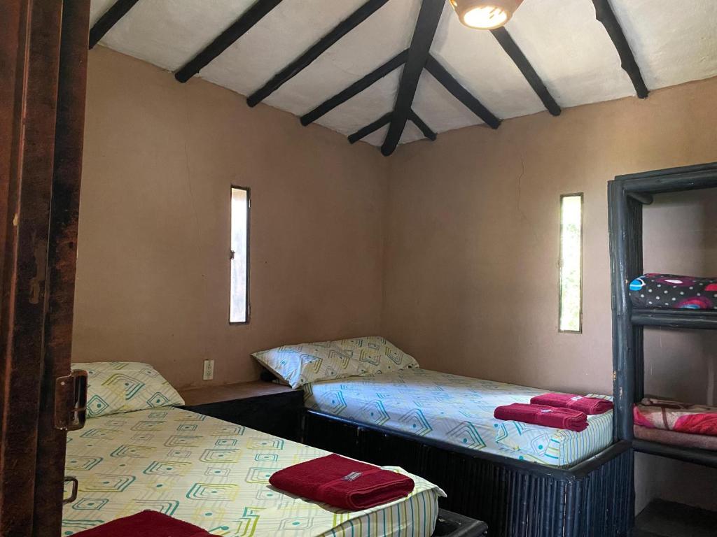 AratocaCabañas Cañon Del Chicamocha的一间设有两张床和镜子的房间