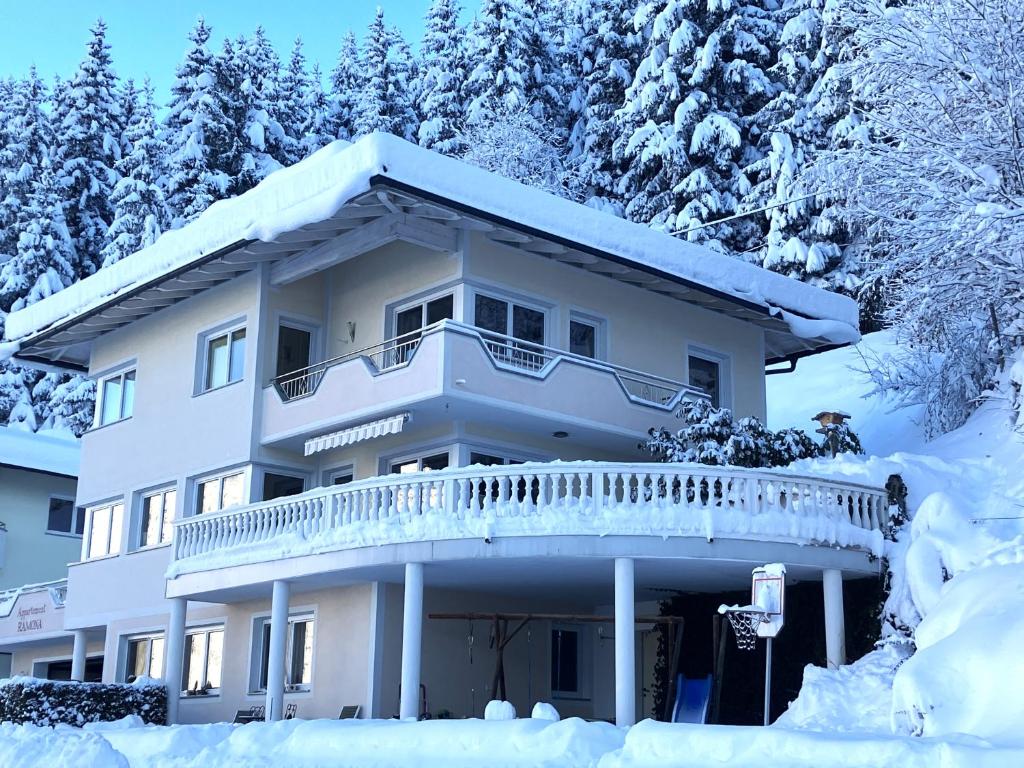 海因岑贝格Appartement Ramona的雪中带阳台的房子