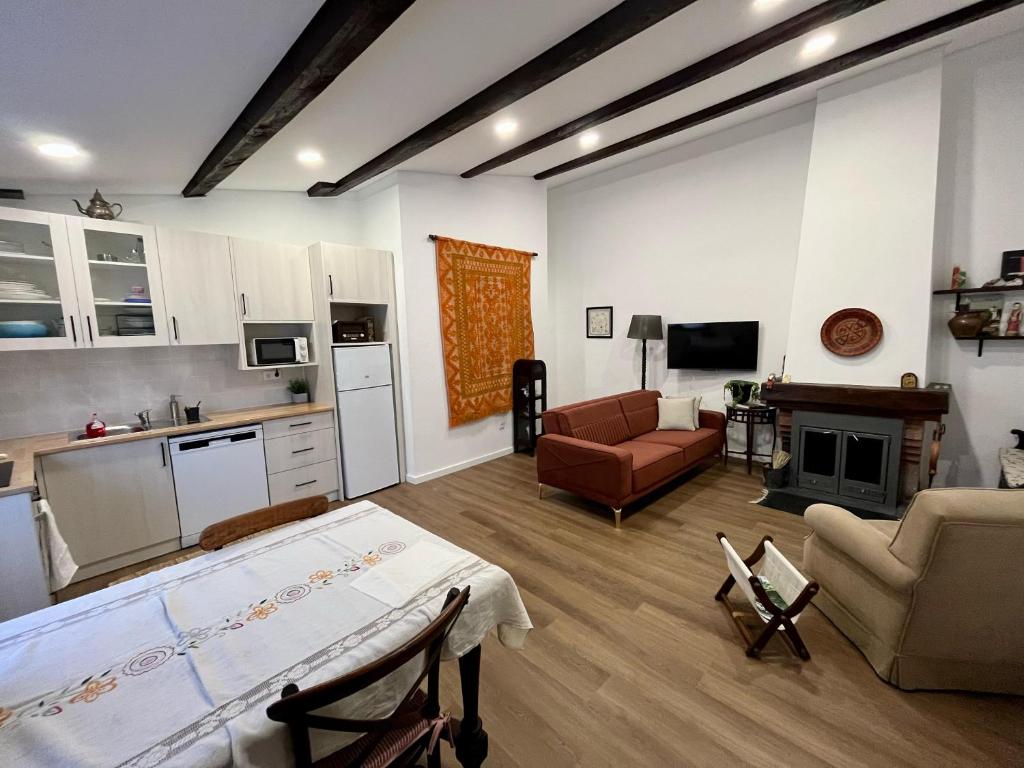 布拉干萨Ninho do Melro II - Turismo Rural Bragança的大型客房设有厨房和客厅。