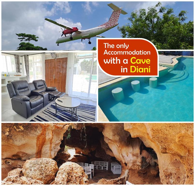 迪亚尼海滩Cave Diani Holiday Apartments的房屋和飞机图片的拼贴