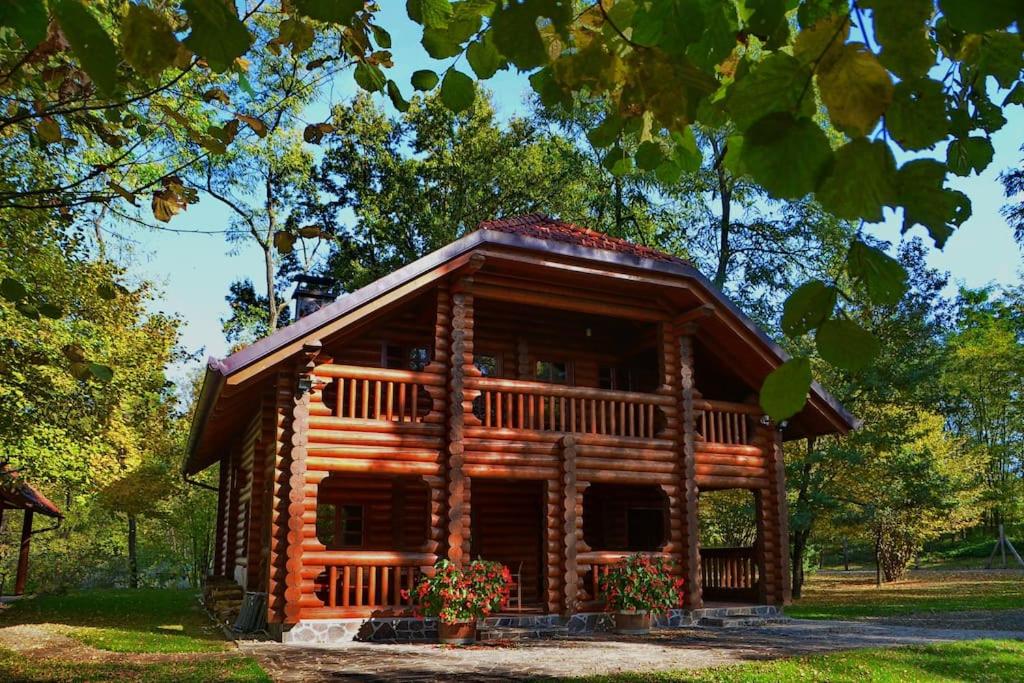 Luxury Chalet at Podlipje Estate的小屋前方有鲜花