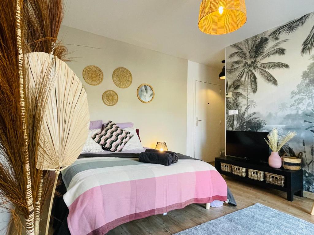 圣雅克德拉朗德Au calme de la Gaité的一间卧室配有粉色和白色的床以及电视。