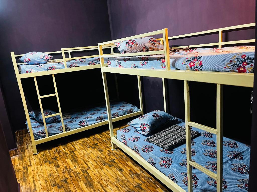 蓬蒂切里Hostel kuruku santhu colive的客房内的2张双层床和椅子