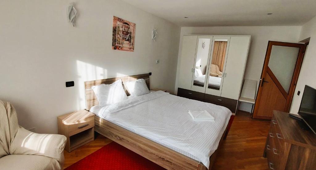 布拉索夫Casa Nella的一间卧室配有一张大床和镜子