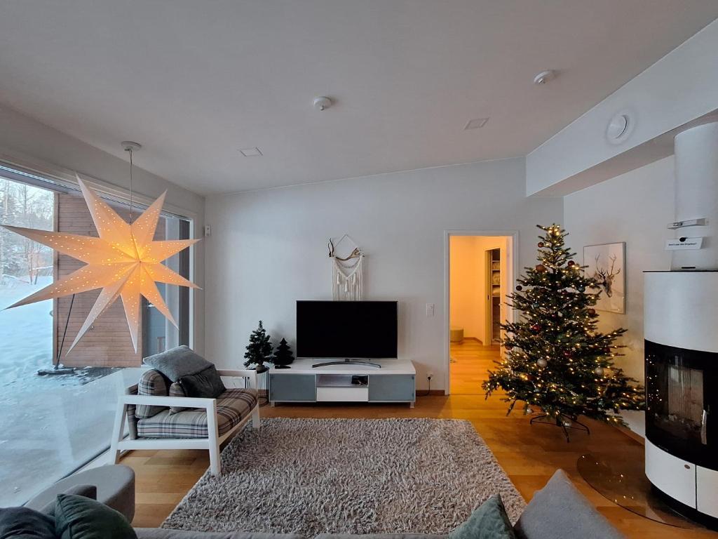 罗瓦涅米北极光别墅 的客厅配有圣诞树和电视