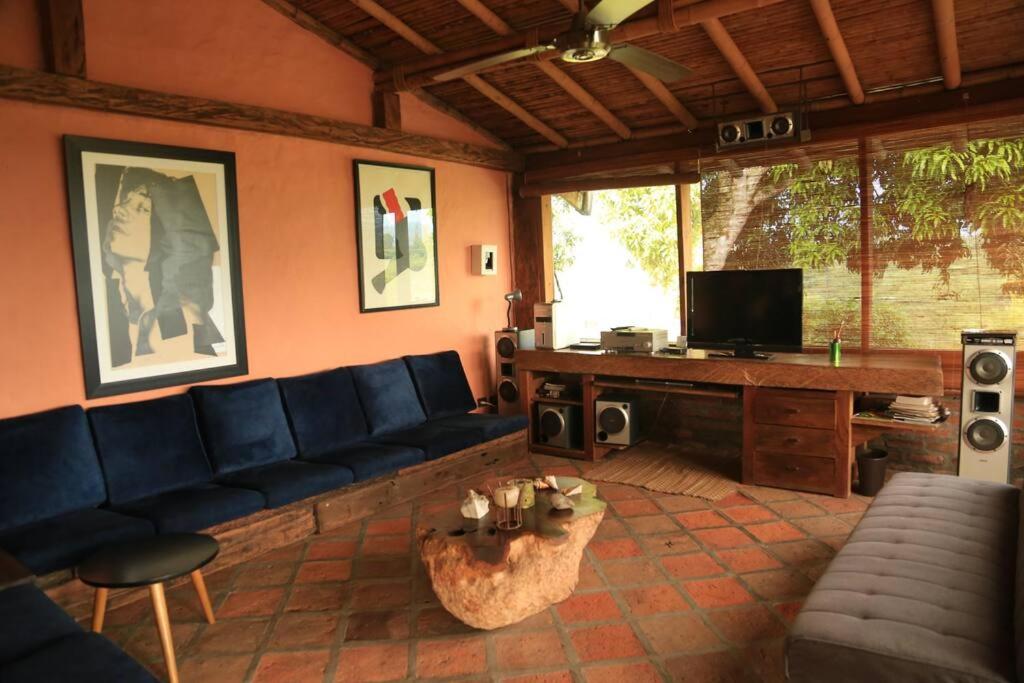 亚美尼亚Finca La Colina的客厅配有蓝色的沙发和电视
