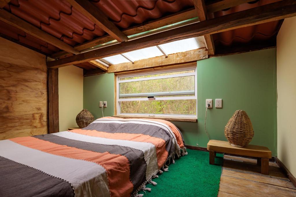Santa María HuatulcoYoo'Nashi - Estancia Ecológica y Experiencias Comunitarias的一间卧室设有绿色的墙壁、一张床和窗户