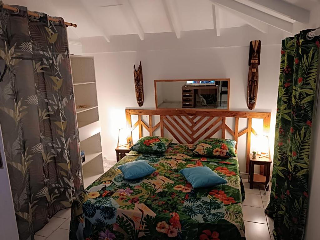 圣安尼La Kaza Tresor - Joli appartement T2 et spa privé的一间卧室配有一张带两个枕头的床