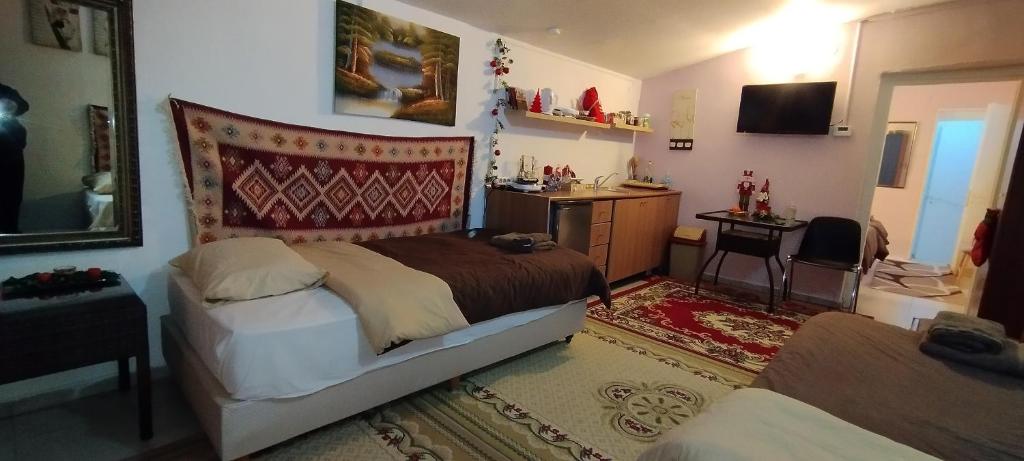 特里卡拉Trikala Apartments 2的一间卧室配有一张床和一张书桌