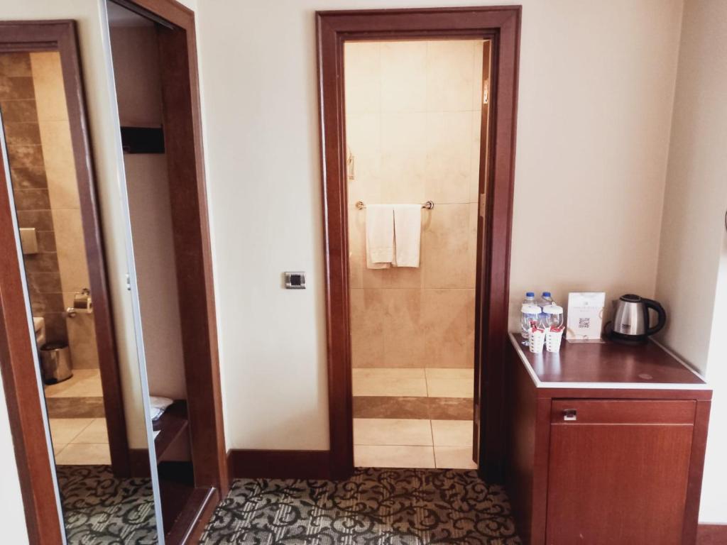 伊斯坦布尔亚洲梦山商务豪华酒店的浴室设有门,通往带水槽的浴室