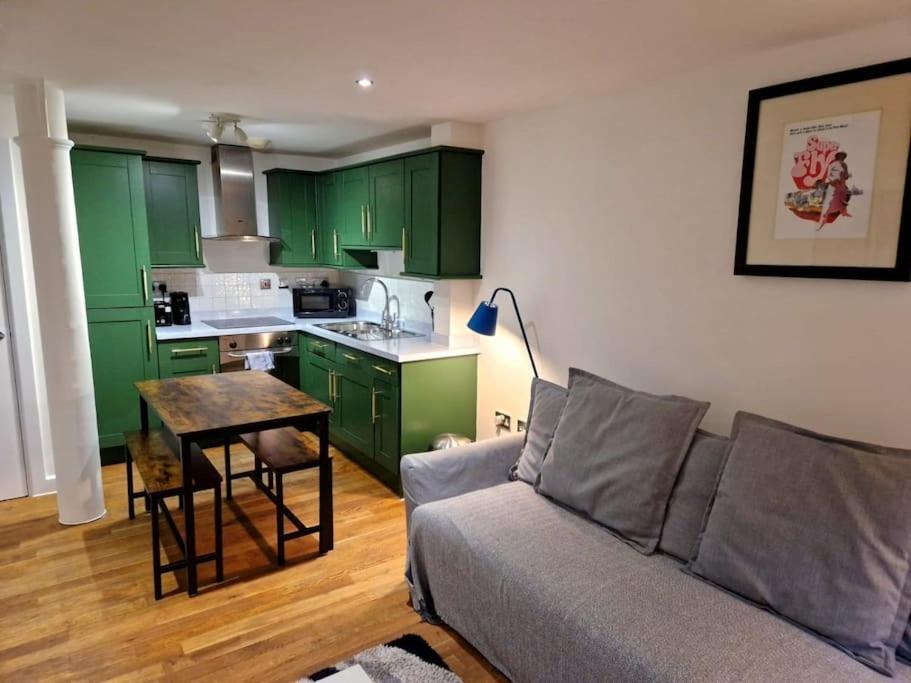 曼彻斯特Northern Quarter Flat的带沙发的客厅和带绿色橱柜的厨房