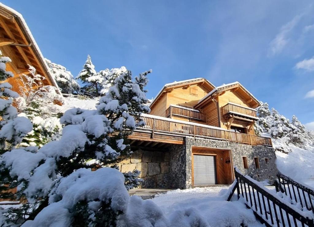 圣埃蒂安德蒂内埃Luxueux chalet avec terrasse Auron的雪中的房子,有雪覆盖的树木