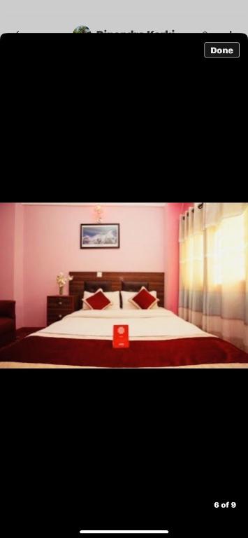 加德满都Global hotel的一间卧室配有一张带红色床单的大床