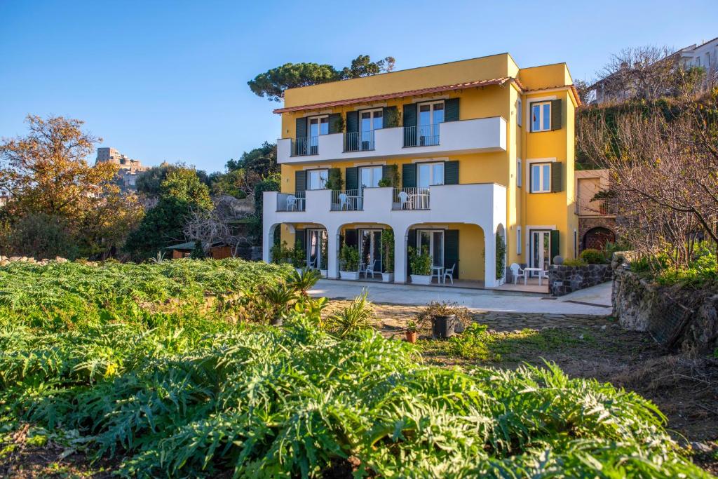 伊斯基亚B&B La Vigna Rooms - Ischia Ponte的一座黄色和白色的建筑,有院子