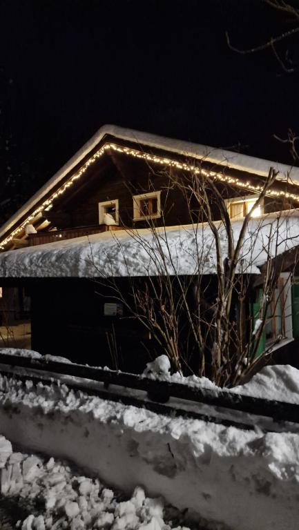 菲施Chalet-Daheim-Fiesch 3,5-Zimmerwohnung的雪覆盖着的房屋,里面装着灯