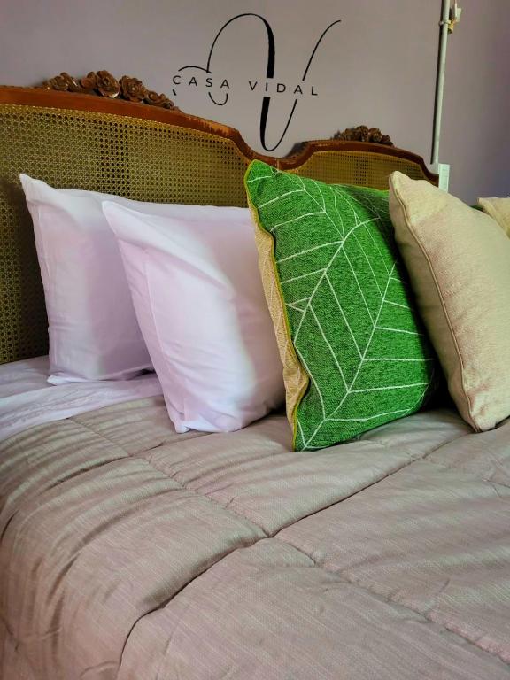 图蓬加托火山Casa Vidal Guesthouse的一张带四个枕头的床和绿叶