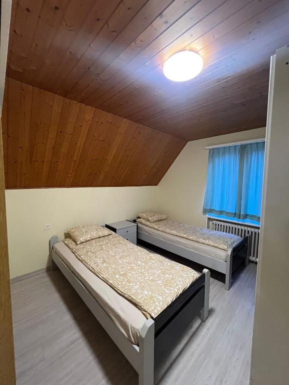 NiederdorfNiederdorf, Baselland Hotel的配有木天花板的客房内的两张床
