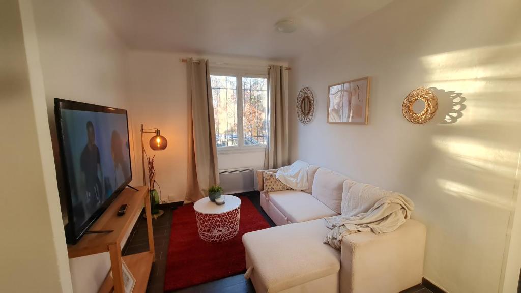 马里尼亚讷Cocon douillet de Mélanie的客厅配有白色沙发和电视
