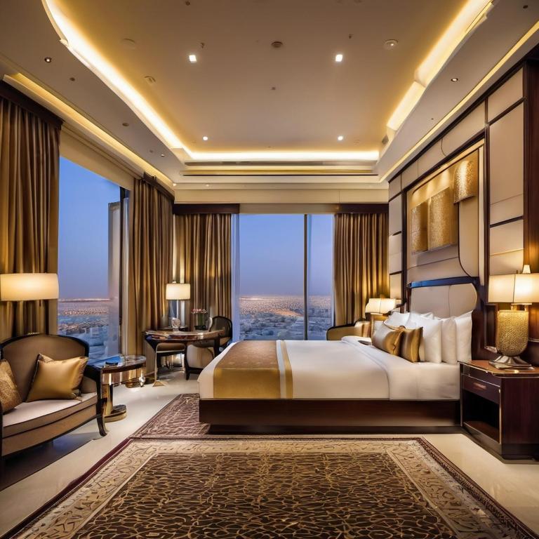 马斯喀特Almouj Hotel的一间卧室设有一张大床和一个大窗户