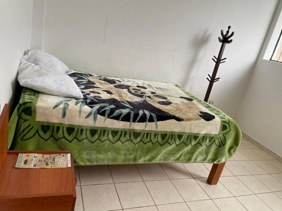 HuantaYachanapaq Wasi I的一张床上的床铺,上面有绿毯