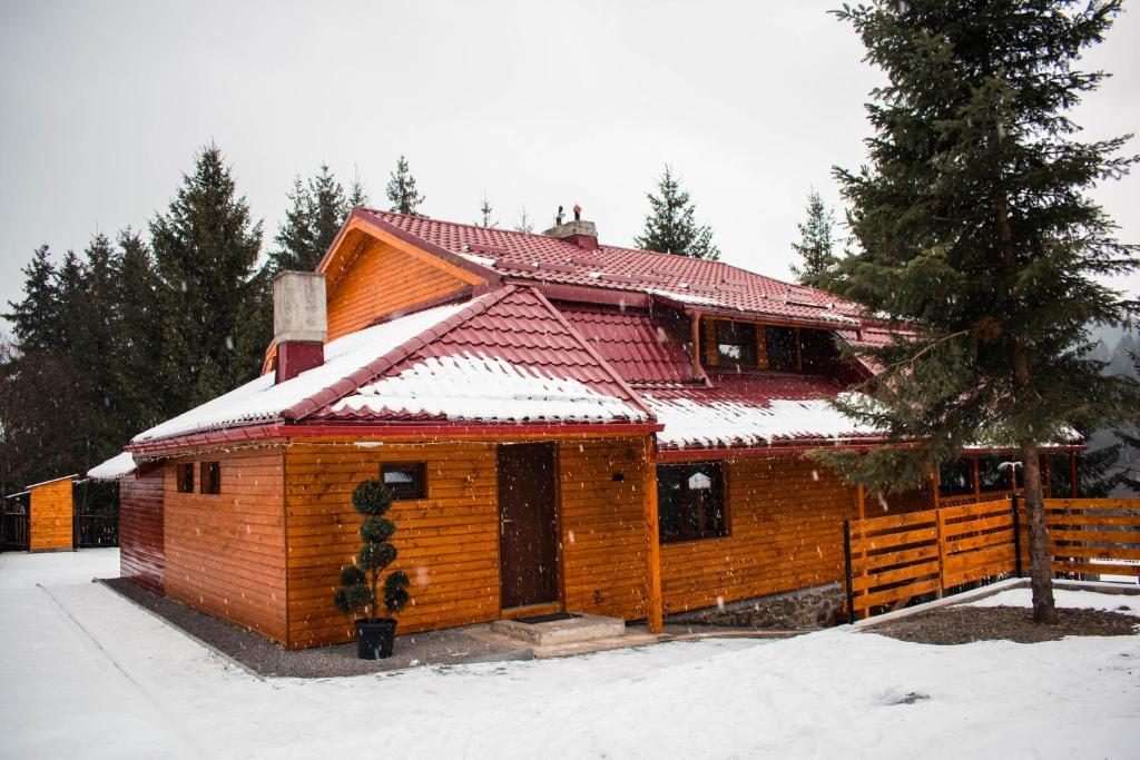 托普利察Cabana Stînă的屋顶上积雪的木屋