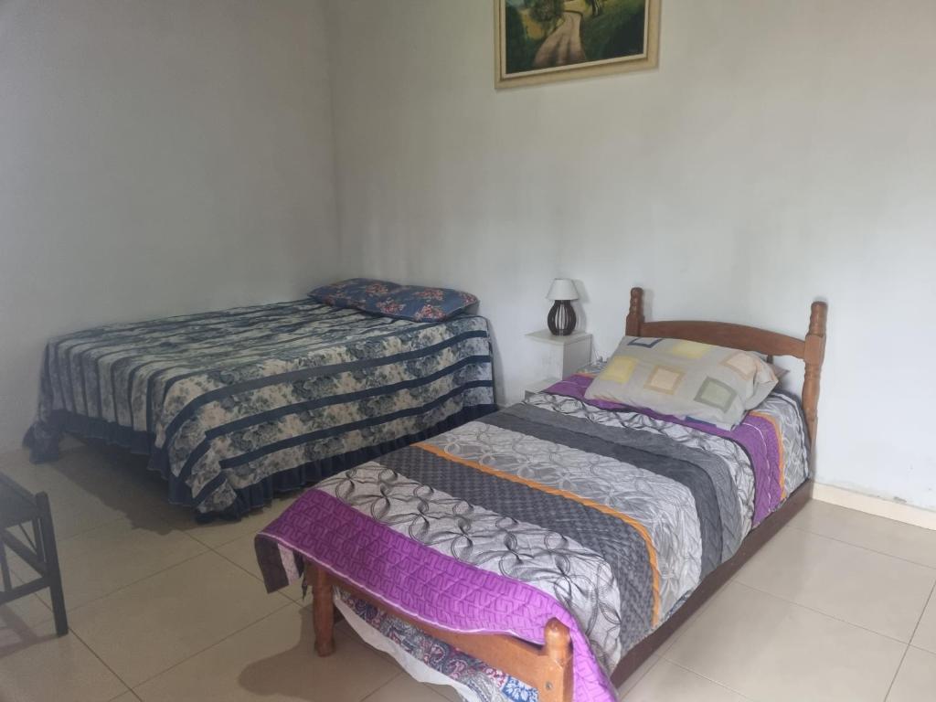 圣罗克Recanto Videira Rota do Vinho的一间卧室配有两张单人床。