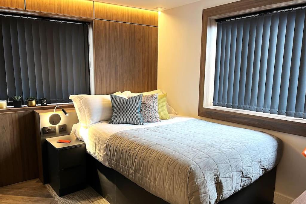 莱斯特Deluxe 1 Bed Studio 4C near Royal Infirmary & DMU的一间卧室配有一张床和两个百叶窗的窗户