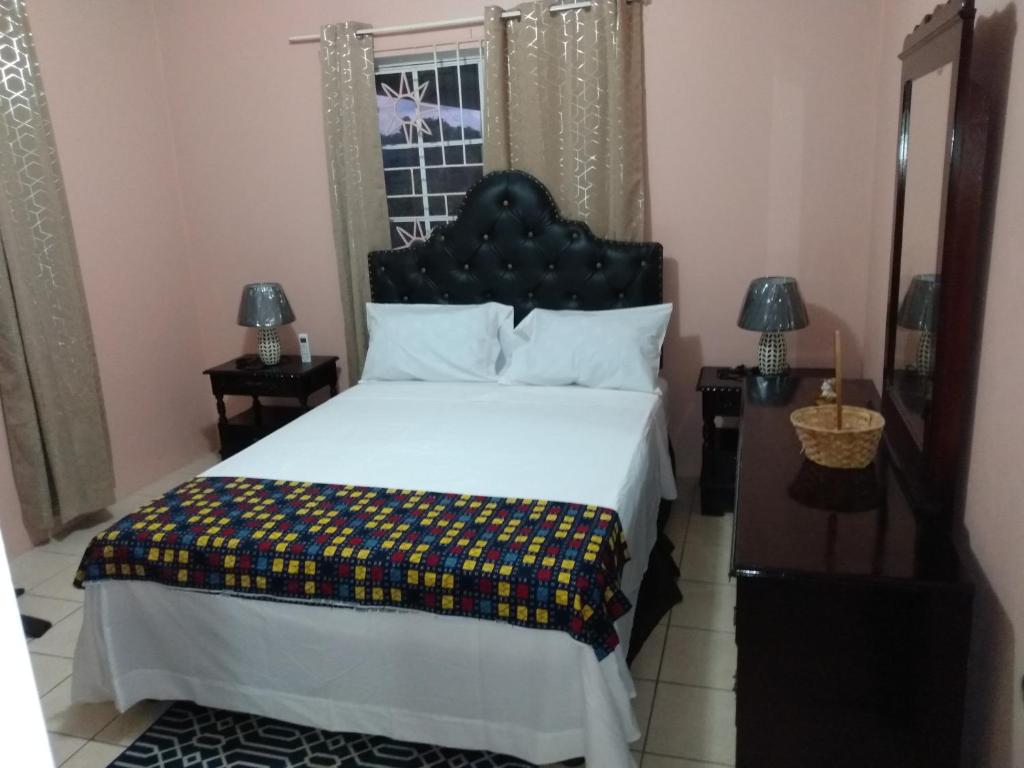 金斯敦Bougainvillea Palms的一间卧室设有一张大床和一个窗户。