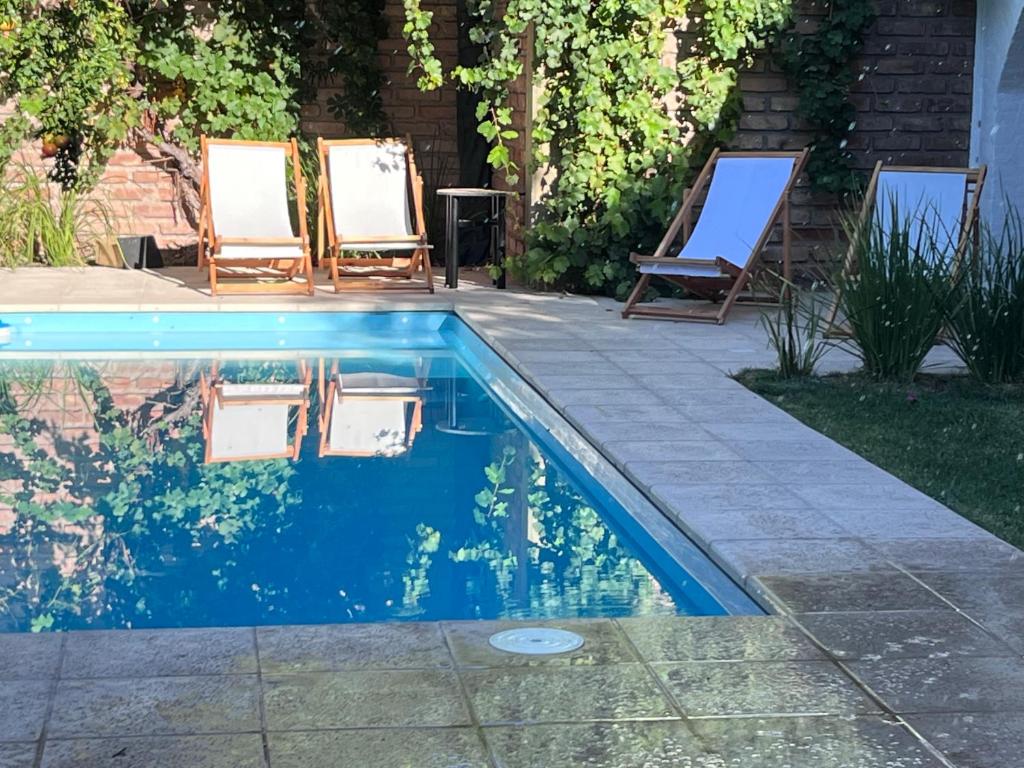 门多萨Oeste suites的游泳池旁设有两把草坪椅