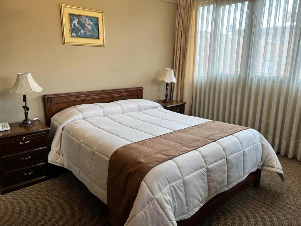 波托西圣特雷酒店的一间卧室设有一张大床和一个窗户。