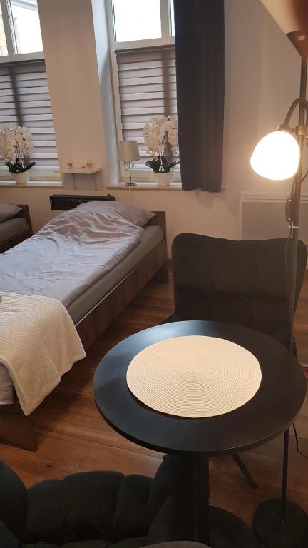 新松奇Komfortowy apartament w centrum Nowego Sącza的客厅配有桌子和床。
