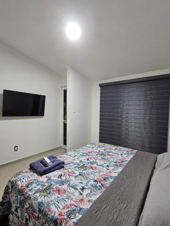 特克塞丁戈casa con hermosa vista al lago de tequesquitengo的卧室配有一张大床,墙上配有电视
