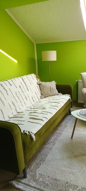 皮罗特Apartman Gaga的绿色卧室,配有一张带绿色墙壁的床