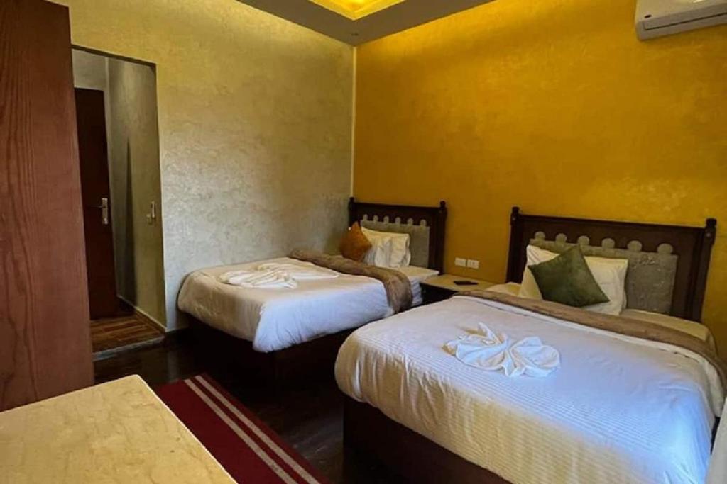 开罗Cairo Dream Boutique Hotel的酒店客房,设有两张床和镜子