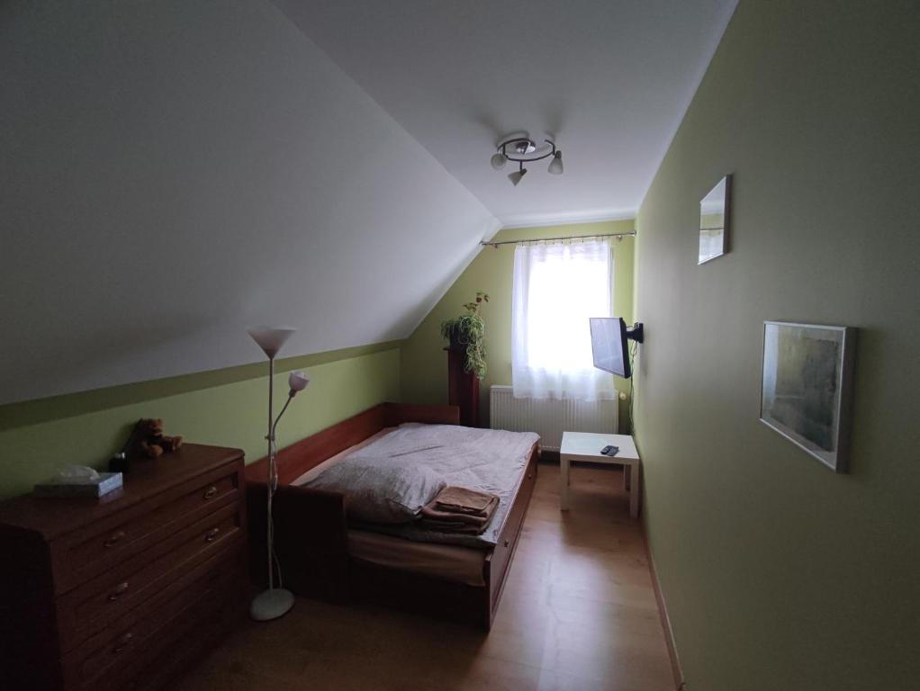 佩霍维采Zielony Zakątek的一间卧室配有一张床、一个梳妆台和一扇窗户。